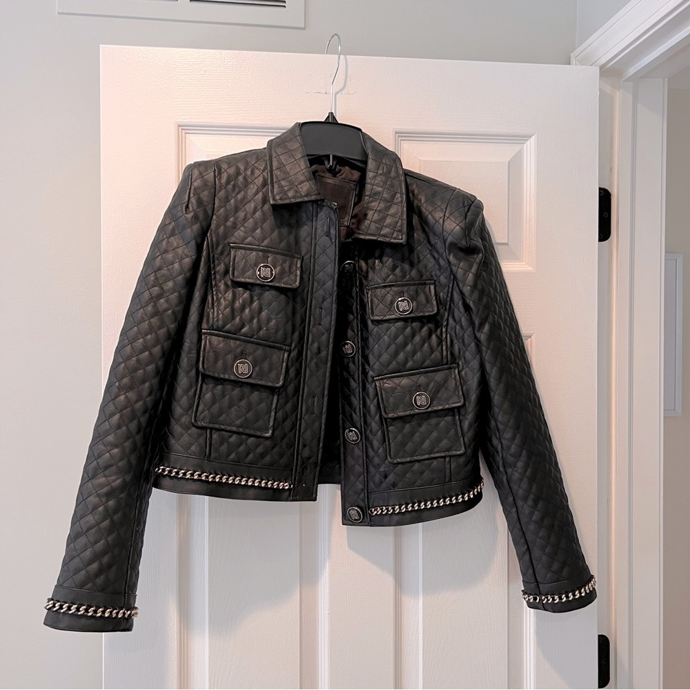 River Island Black Quilted Leather Jacket with Chain Trim